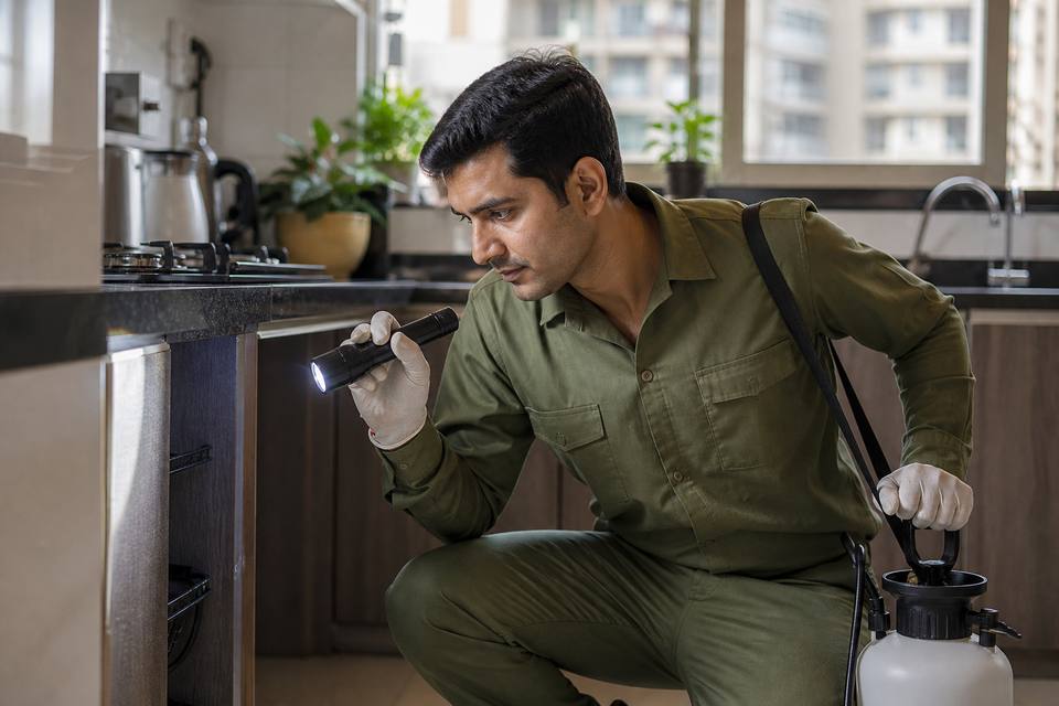 Pest-control technician inspecting a clean Bengaluru home