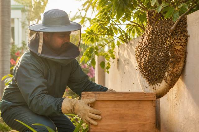 Honeybee colony management near a building